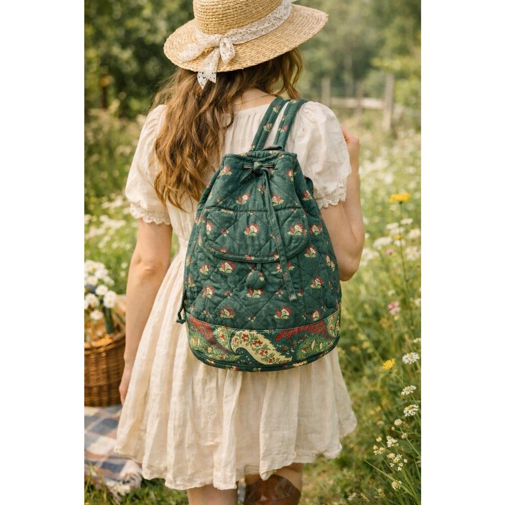PIERRE DEUX French Country Green Floral Quilted Back Pack Sling Bag Vintage